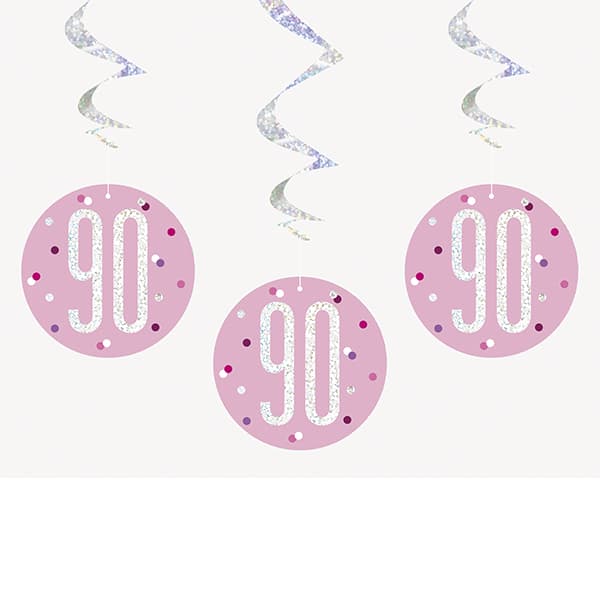 Happy 90th Birthday Pink & Silver Glitz Hanging Swirls Decorations