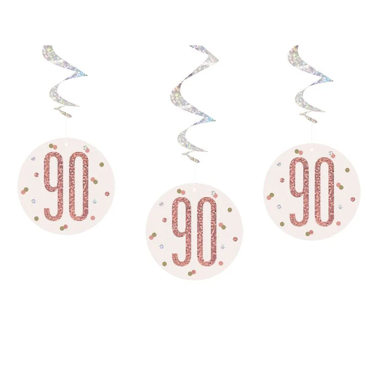 Happy 90th Birthday Rose Gold & Silver Glitz Hanging Swirls Decorations