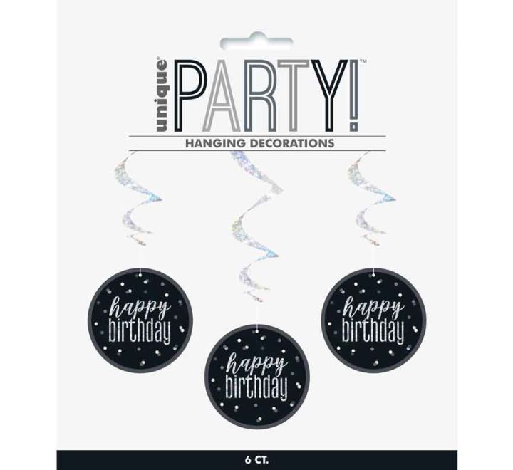 Happy Birthday Black & Silver Glitz Hanging Swirls Decorations