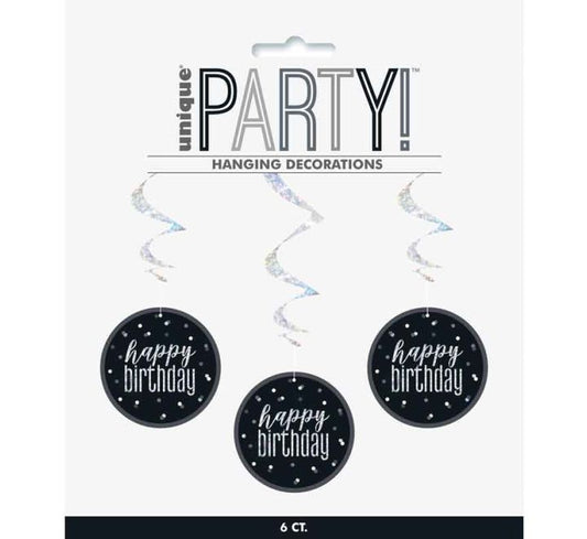 Happy Birthday Black & Silver Glitz Hanging Swirls Decorations