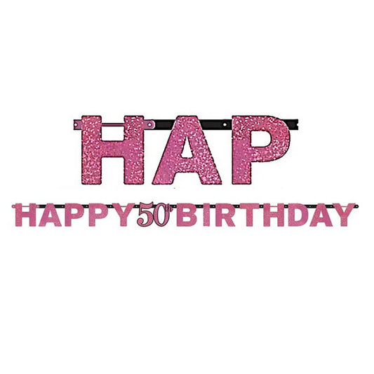 Pink Celebration Happy 50th Birthday Prismatic Letter Banner