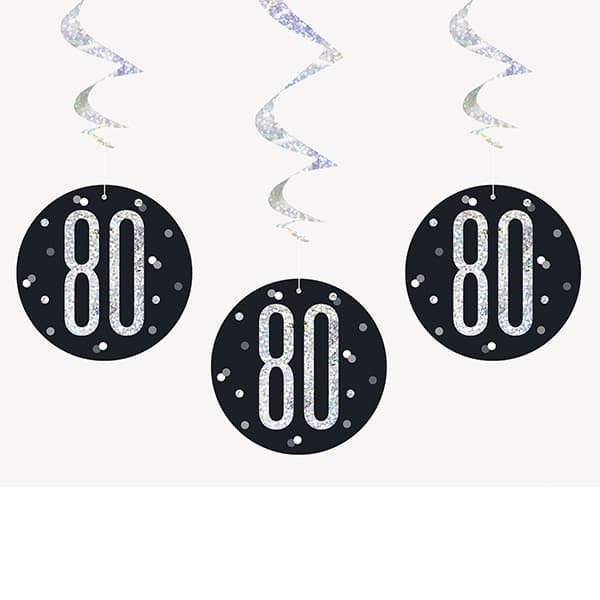 Happy 80th Birthday Black & Silver Glitz Hanging Swirls Decorations