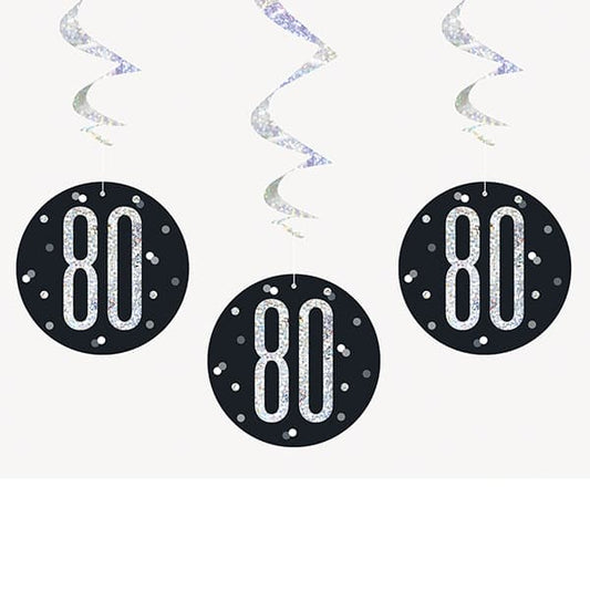 Happy 80th Birthday Black & Silver Glitz Hanging Swirls Decorations