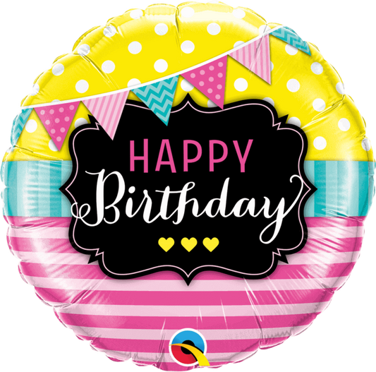 Pennants And Pink Stripes Birthday Foil Balloon