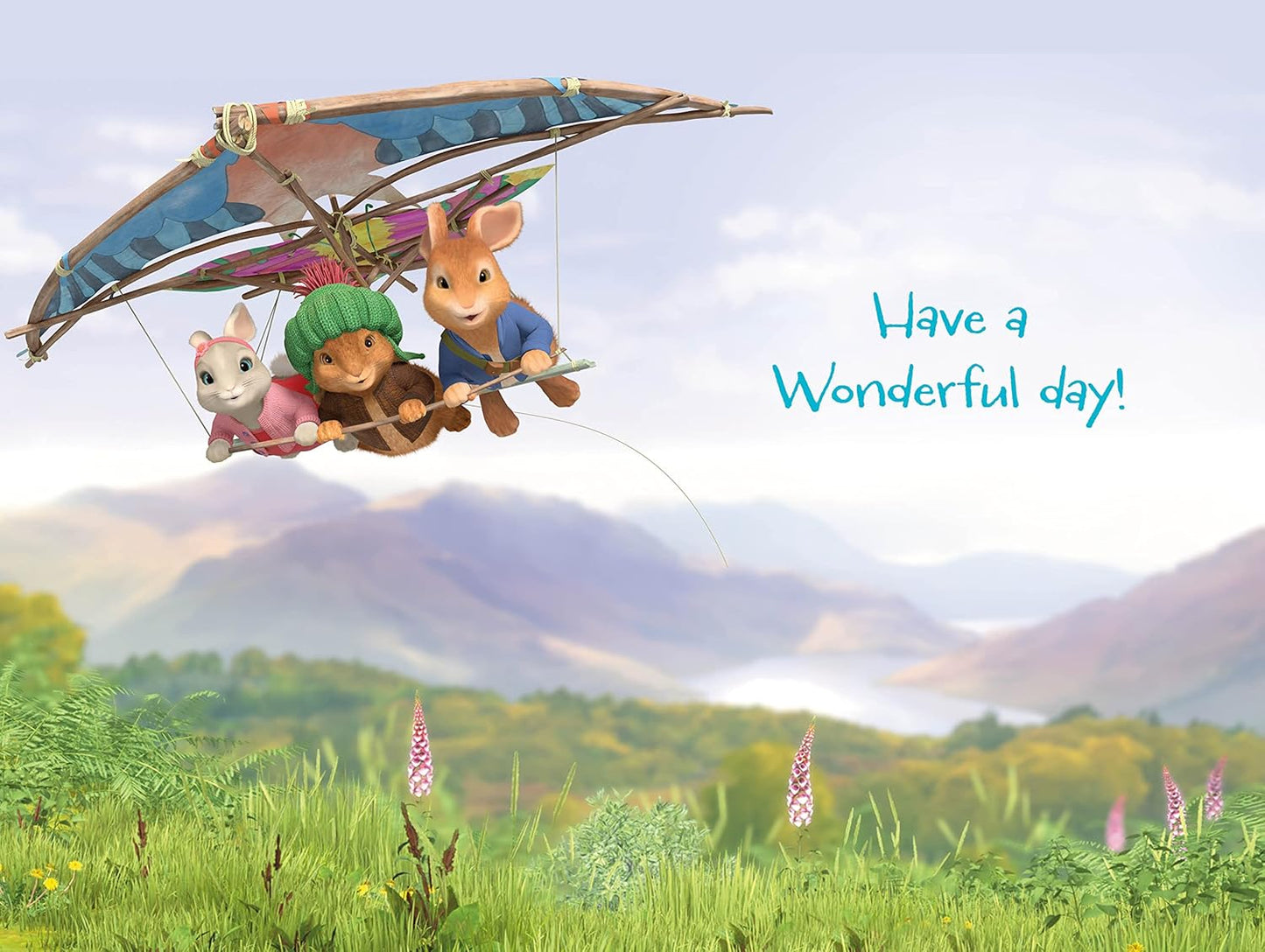 Cartoon characters in a hot air balloon with mountains and flowers in the background, and 'Have a Wonderful Day!' text.
