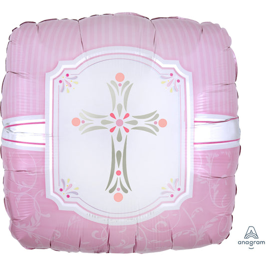 Pink Square Cross Religios Foil Balloon