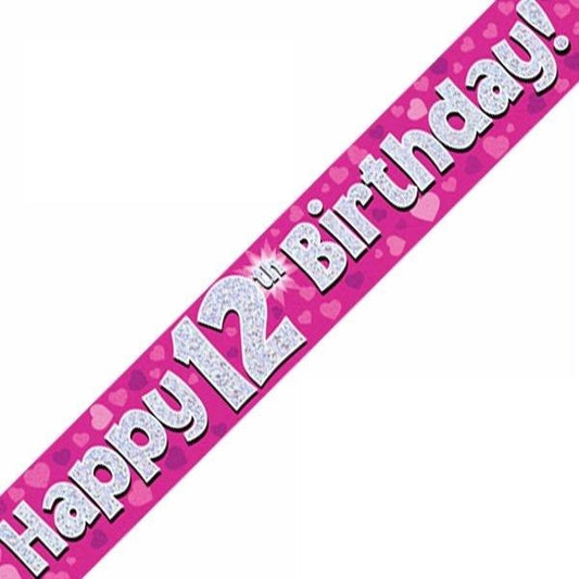 Pink Holographic 12th Birthday Banner