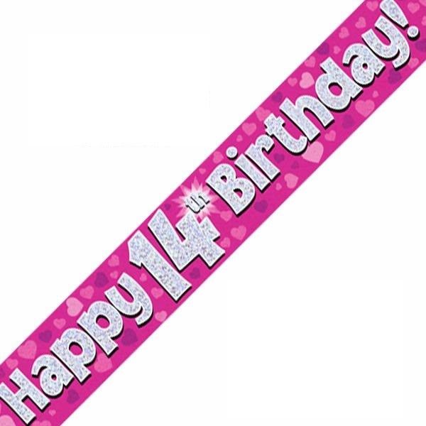 Pink Holographic 14th Birthday Banner