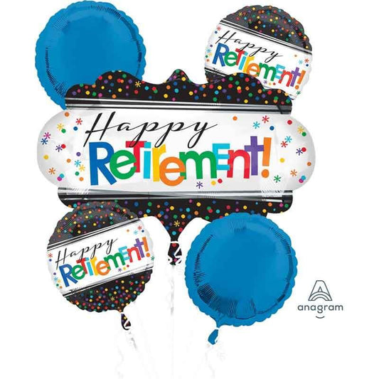 Colorful Happy Retirement balloon bouquet featuring vibrant foil balloons, perfect for retirement celebrations.