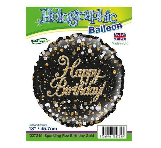 Sparkling Fizz Happy Birthday Black & Gold Holographic Foil Balloon - Eternity Party Express