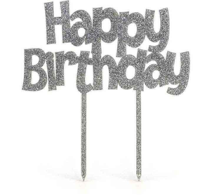 Acrylic Sparkling Silver Fizz Cake Topper Happy Birthday