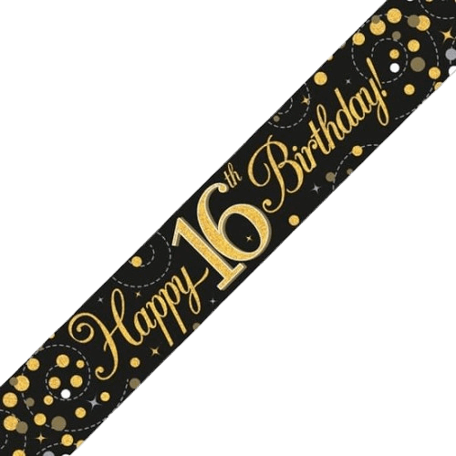 Black & Gold Holographic 16th Birthday Banner