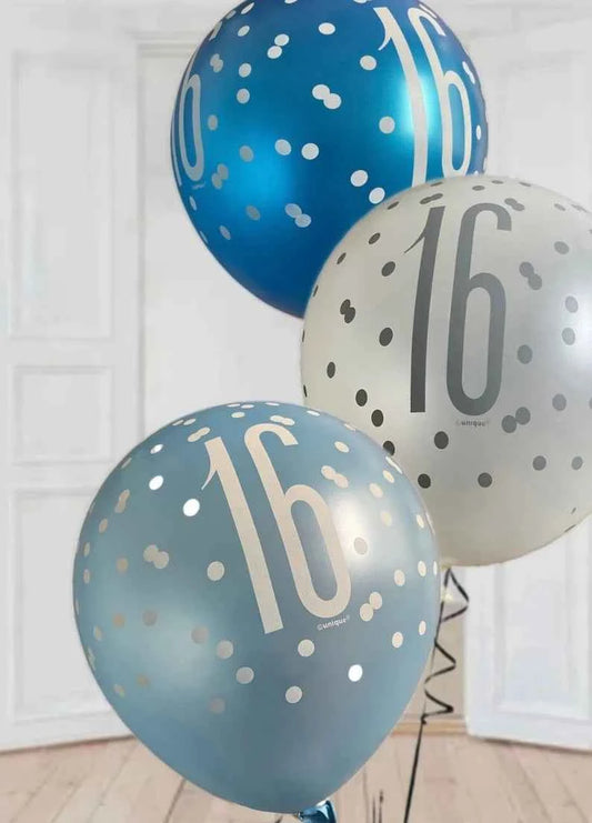 Birthday Glitz Blue Latex Balloons Age 16