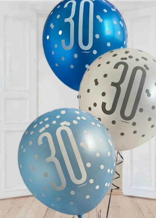 Birthday Glitz Blue Latex Balloons Age 30