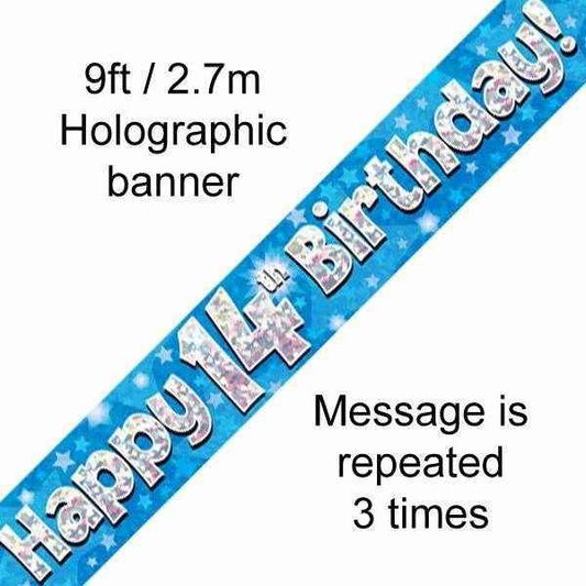 Blue Holographic 14th Birthday Banner