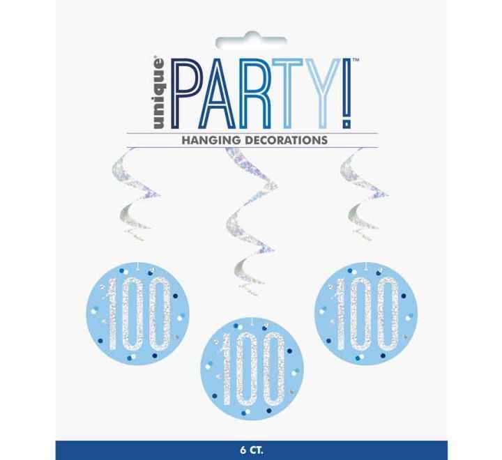 Happy 100th Birthday Blue & Silver Glitz Hanging Swirls Decorations