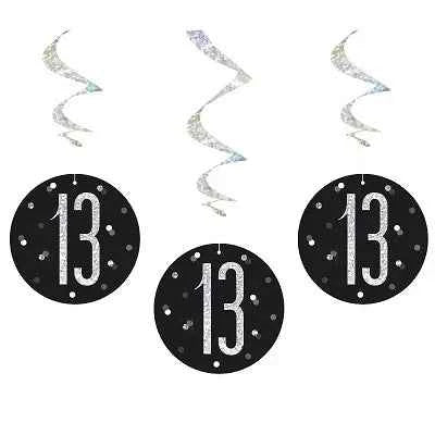 Happy 13th Birthday Black & Silver Glitz Hanging Swirls Decorations