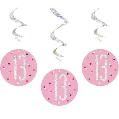 Happy 13th Birthday Pink & Silver Glitz Hanging Swirls Decorations