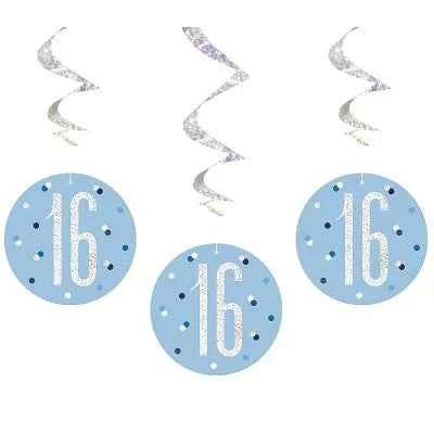 Happy 16th Birthday Blue & Silver Glitz Hanging Swirls Decorations