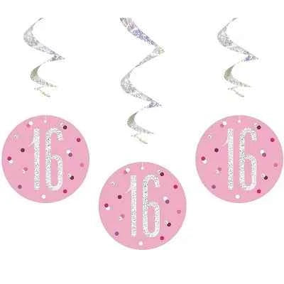 Happy 16th Birthday Pink & Silver Glitz Hanging Swirls Decorations