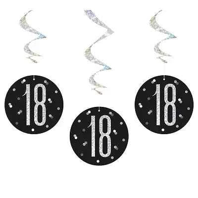 Happy 18th Birthday Black & Silver Glitz Hanging Swirls Decorations