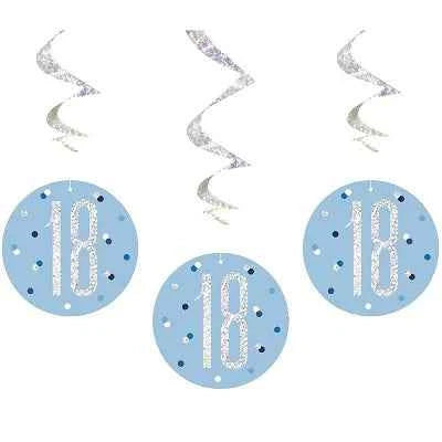 Happy 18th Birthday Blue & Silver Glitz Hanging Swirls Decorations