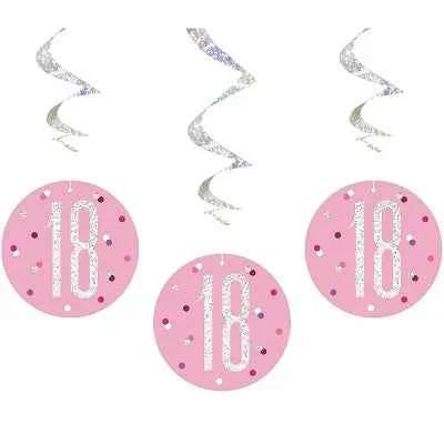 Happy 18th Birthday Pink & Silver Glitz Hanging Swirls Decorations