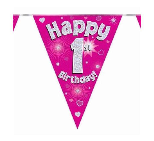 Happy 1st Birthday Pink And Silver Bunting