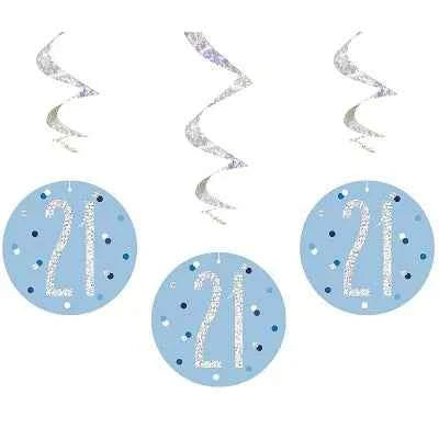 Happy 21st Birthday Blue & Silver Glitz Hanging Swirls Decorations