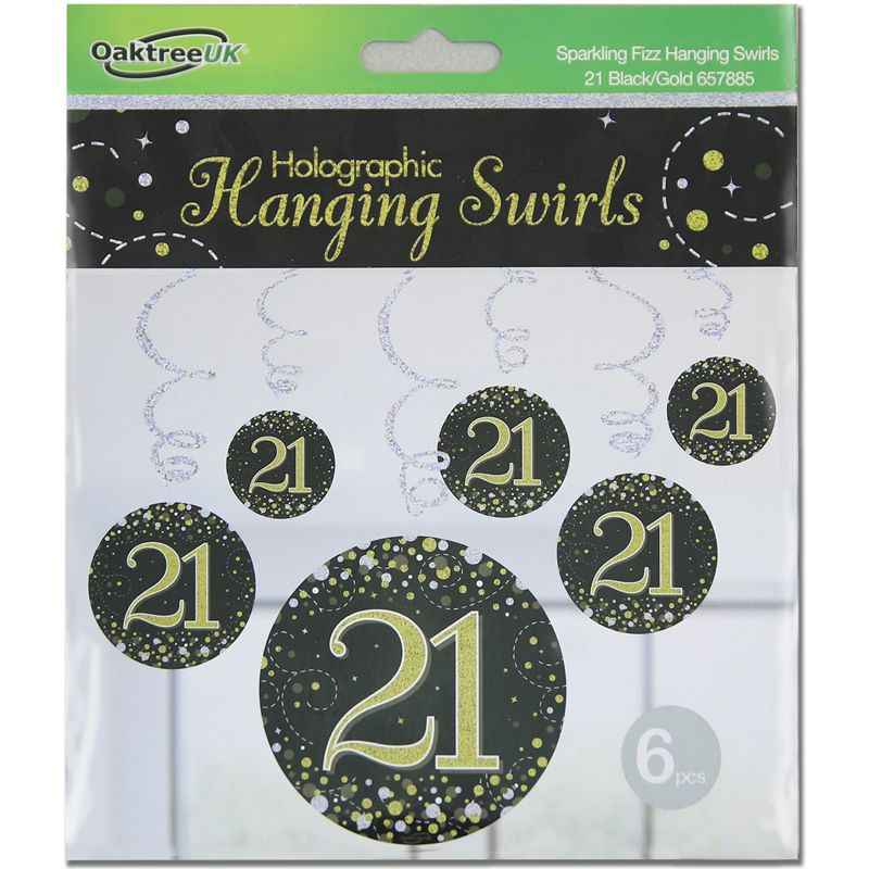 Happy 21st Birthday Holographic Black Hanging Swirls 6pcs