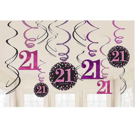 Happy 21st Birthday Pink Celebration Swirls Decoration