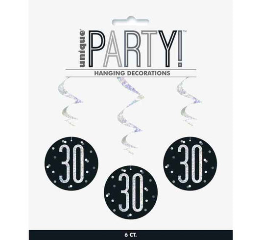 Happy 30th Birthday Black & Silver Glitz Hanging Swirls Decorations