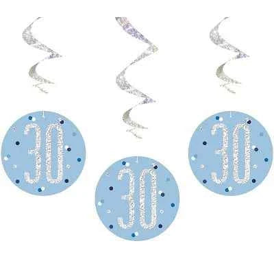 Happy 30th Birthday Blue & Silver Glitz Hanging Swirls Decorations