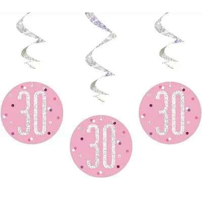 Happy 30th Birthday Pink & Silver Glitz Hanging Swirls Decorations