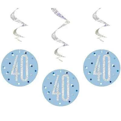 Happy 40th Birthday Blue & Silver Glitz Hanging Swirls Decorations