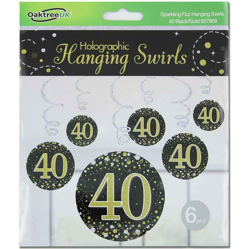 Happy 40th Birthday Holographic Black Hanging Swirls 6pcs
