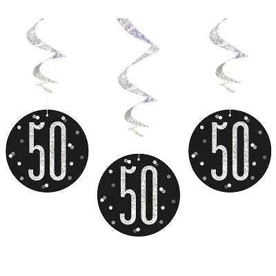 Happy 50th Birthday Black & Silver Glitz Hanging Swirls Decorations