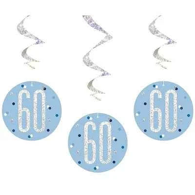 Happy 60th Birthday Blue & Silver Glitz Hanging Swirls Decorations