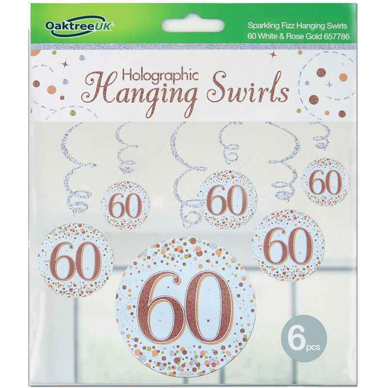 Happy 60th Birthday Holographic Rose Gold Hanging Swirls 6pcs