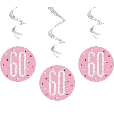 Happy 60th Birthday Pink & Silver Glitz Hanging Swirls Decorations
