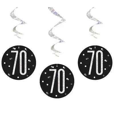 Happy 70th Birthday Black & Silver Glitz Hanging Swirls Decorations