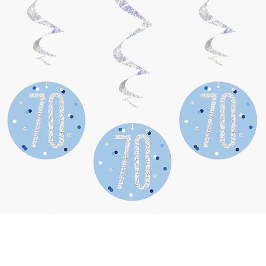 Happy 70th Birthday Blue & Silver Glitz Hanging Swirls Decorations
