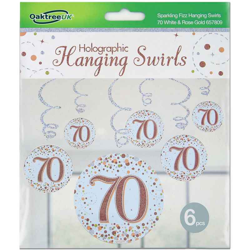 Happy 70th Birthday Holographic Rose Gold Hanging Swirls 6pcs
