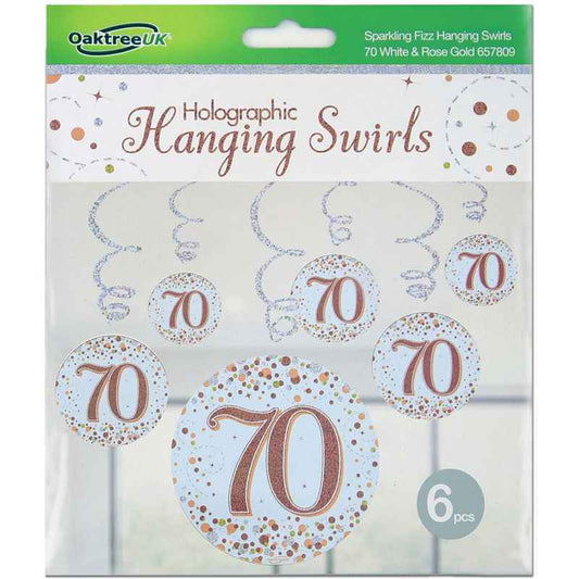 Happy 70th Birthday Holographic Rose Gold Hanging Swirls 6pcs