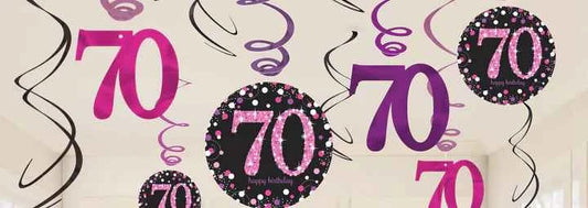 Happy 70th Birthday Pink Celebration Swirls Decoration