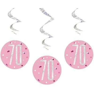 Happy 70th Birthday Pink & Silver Glitz Hanging Swirls Decorations
