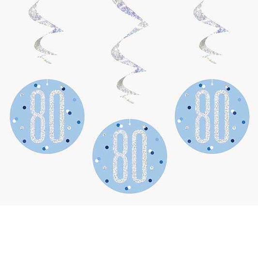 Happy 80th Birthday Blue & Silver Glitz Hanging Swirls Decorations