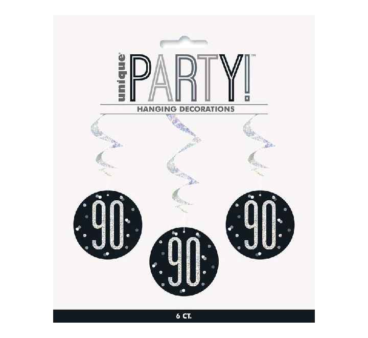 Happy 90th Birthday Black & Silver Glitz Hanging Swirls Decorations