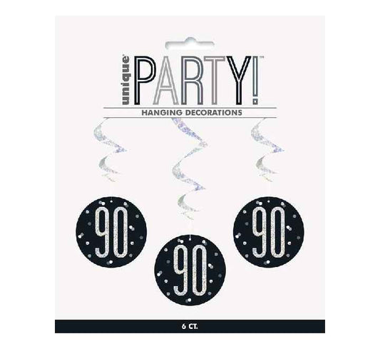 Happy 90th Birthday Black & Silver Glitz Hanging Swirls Decorations