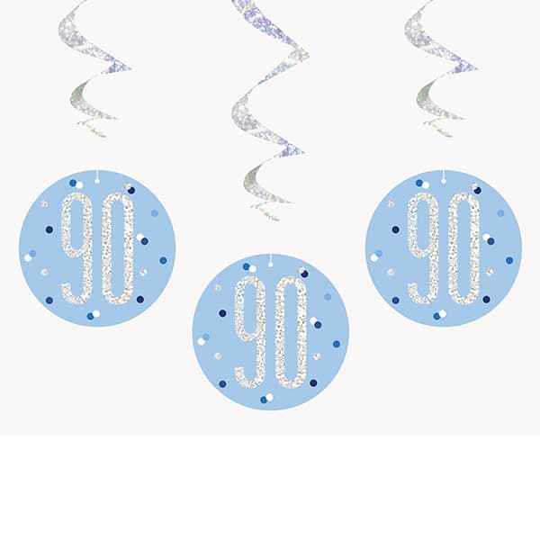 Happy 90th Birthday Blue & Silver Glitz Hanging Swirls Decorations